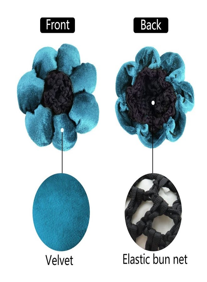 NAIHOD 4 Pcs Hair Snoods in Navy, Teal, Coffee - Fabric & Crocheted Net Hair Accessory for Women & Girls - Includes 4 Stylish Velvet-like Flower Hair Bun Covers for Professional, Neat Hair Bun - Image 2