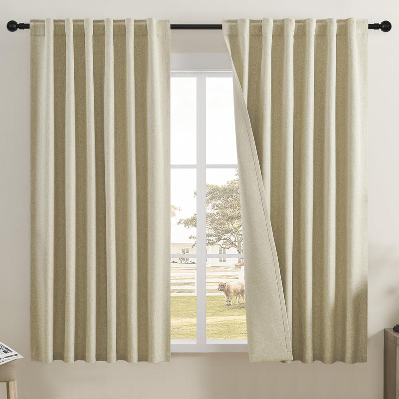 DUALIFE Black Out Curtains for Bedroom 63 Inch Long 2 Panels Room Darkening Sun Blocking Drapes for Living Room Nursery Living Room Back Tab/Rod Pocket/Hook Belt(50x63 Inch 2 Panels Sand Oatmeal) - Image 1