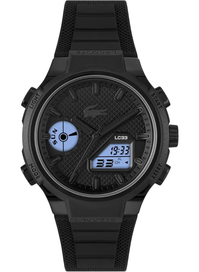 لاكوست ساعة كوارتز تناظرية رقمية متعددة الوظائف بسوار سيليكون أسود