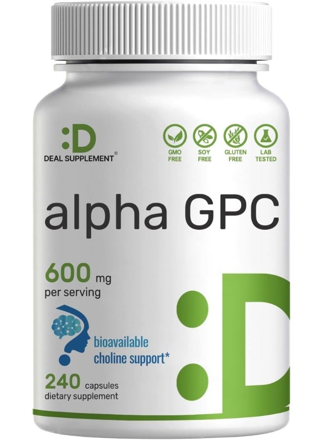 DEAL SUPPLEMENT Alpha GPC 600mg Per Serving, 240 Capsules – Bioavailable Choline Replenishment – Nootropic Brain Health Supplements for Memory and Focus – Non-GMO, Gluten Free - Image 1