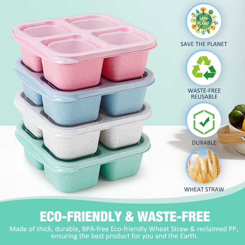 Caperci 4 Pack Bento Snack Boxes Lunchable Containers for Kids & Adults, Wheat Straw 4-Compartment Reusable Food Storage Containers for Snacks & Small Meal (Multicolor & Clear Lids) - Image 2