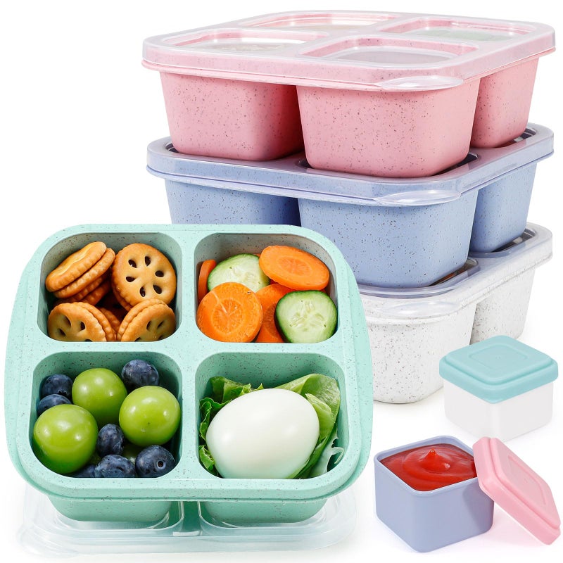 Caperci 4 Pack Bento Snack Boxes Lunchable Containers for Kids & Adults, Wheat Straw 4-Compartment Reusable Food Storage Containers for Snacks & Small Meal (Multicolor & Clear Lids) - Image 1