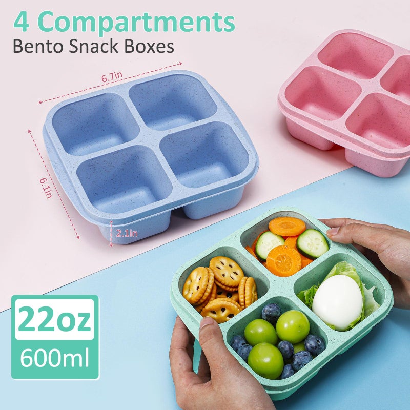 Caperci 4 Pack Bento Snack Boxes Lunchable Containers for Kids & Adults, Wheat Straw 4-Compartment Reusable Food Storage Containers for Snacks & Small Meal (Multicolor & Clear Lids) - Image 4