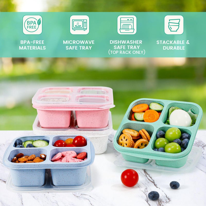 Caperci 4 Pack Bento Snack Boxes Lunchable Containers for Kids & Adults, Wheat Straw 4-Compartment Reusable Food Storage Containers for Snacks & Small Meal (Multicolor & Clear Lids) - Image 3
