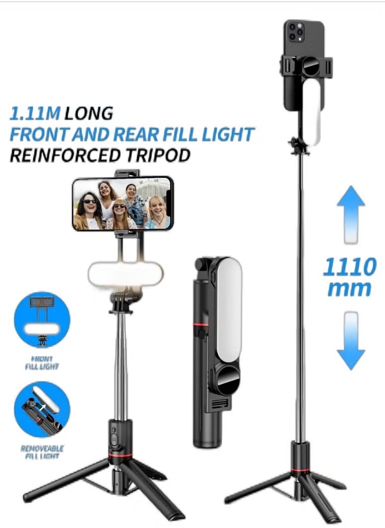 Generic - 43.7 Inches Selfie Stick Tripod, Extendable Tripod with Rechargeable Bluetooth Remote,Removable fill light， Compatible with iPhone and Android Smartphones, Perfect for Travel, Vlog, Video and Photo, Black - Image 1