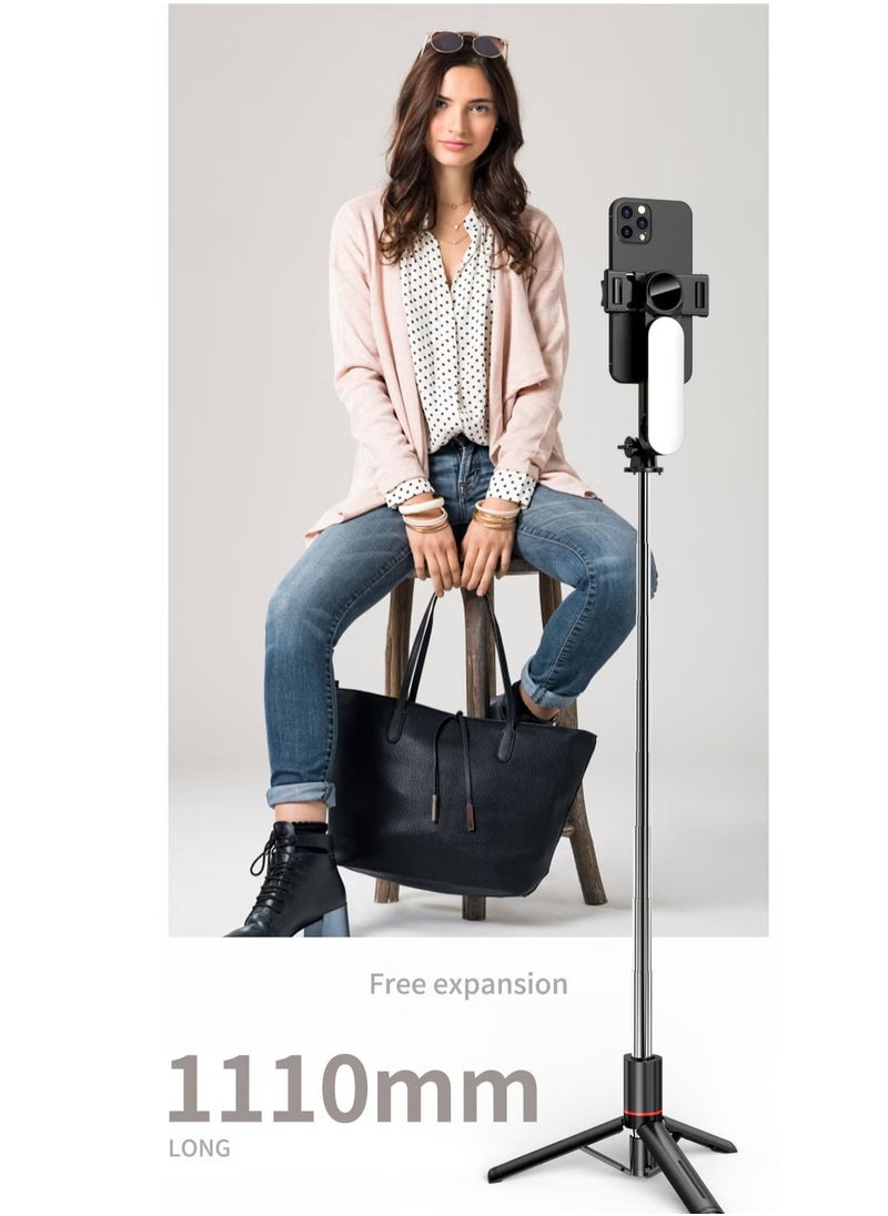 Generic - 43.7 Inches Selfie Stick Tripod, Extendable Tripod with Rechargeable Bluetooth Remote,Removable fill light， Compatible with iPhone and Android Smartphones, Perfect for Travel, Vlog, Video and Photo, Black - Image 1