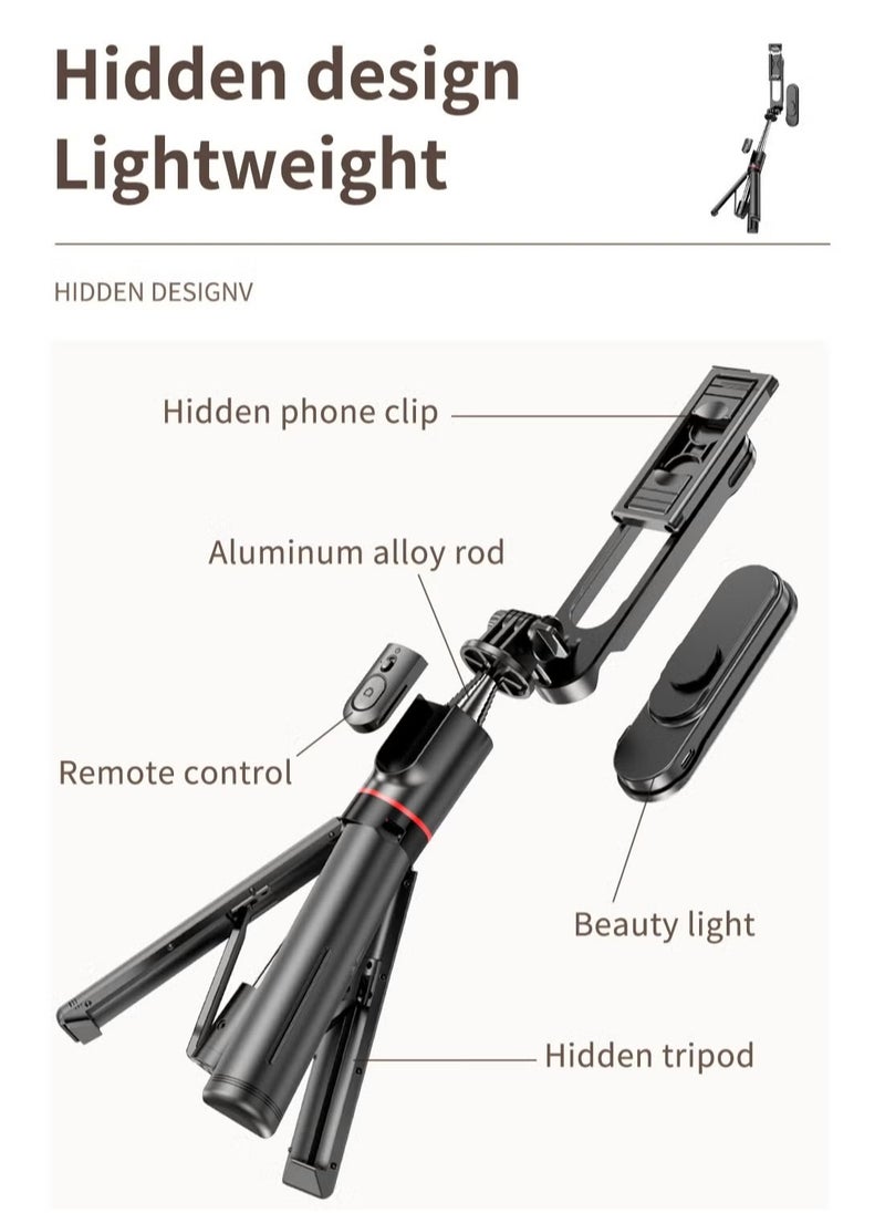 Generic - 43.7 Inches Selfie Stick Tripod, Extendable Tripod with Rechargeable Bluetooth Remote,Removable fill light， Compatible with iPhone and Android Smartphones, Perfect for Travel, Vlog, Video and Photo, Black - Image 1