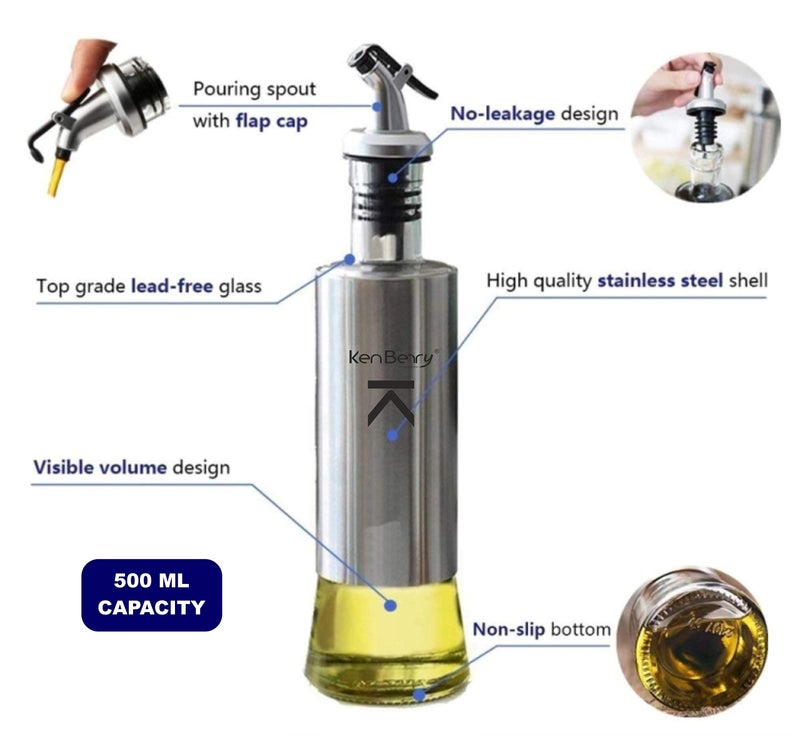 KenBerry Borosilicate Glass Cooking Oil Dispenser 500 ML | Oil & Vinegar Bottle | Oil Container & Oil Pourer with Silicon Funnel | (Pack of 2) - Image 2