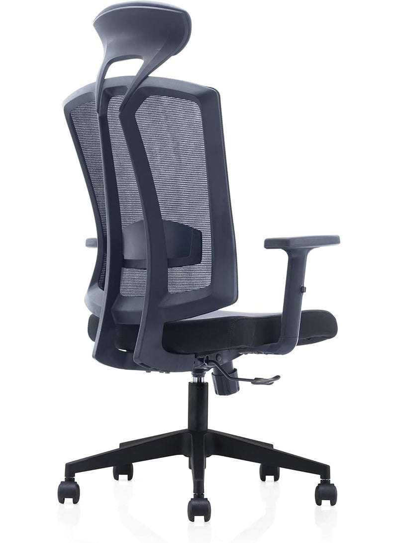 Kaliber Vertex High Back Chair with Fixed Headrest, Adjustable Lumbar Support, Black Mesh Back & Upholstered Seat, Adjustable Armrests, Nylon Base & 60mm Casters – Ergonomic Office Chair - Image 4