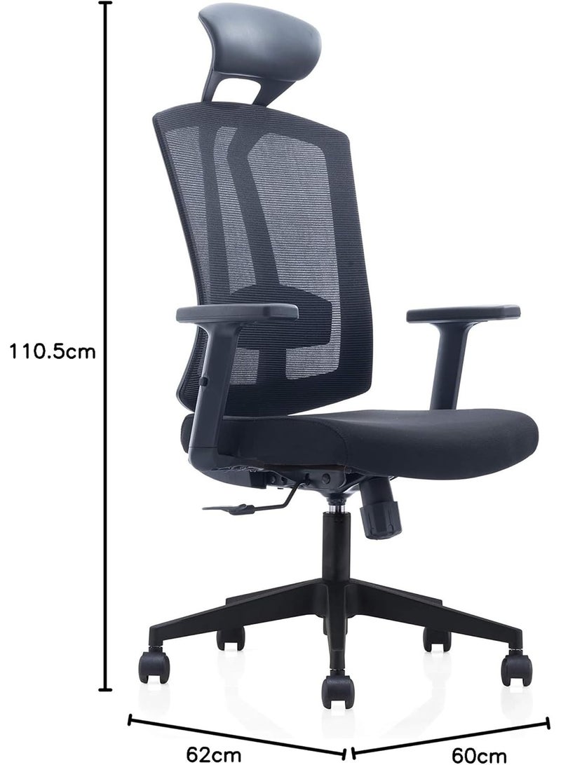 Kaliber Vertex High Back Chair with Fixed Headrest, Adjustable Lumbar Support, Black Mesh Back & Upholstered Seat, Adjustable Armrests, Nylon Base & 60mm Casters – Ergonomic Office Chair - Image 3