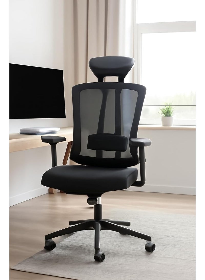 Kaliber Vertex High Back Chair with Fixed Headrest, Adjustable Lumbar Support, Black Mesh Back & Upholstered Seat, Adjustable Armrests, Nylon Base & 60mm Casters – Ergonomic Office Chair - Image 2