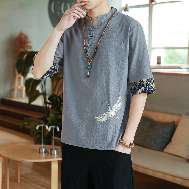 Chinese Style T-Shirt Men'S Summer Thin Crane Embroidered Cotton And Linen Short-Sleeved T-Shirt Men'S Loose Buckle Half-Sleeved Men'S Half-Sleeved T-Shirt - Image 5