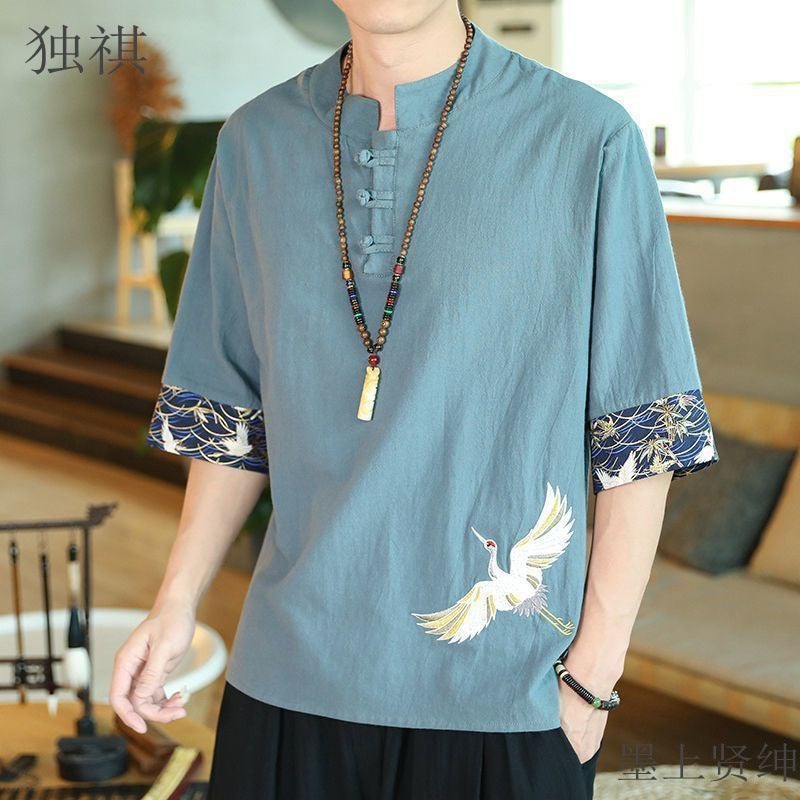 Chinese Style T-Shirt Men'S Summer Thin Crane Embroidered Cotton And Linen Short-Sleeved T-Shirt Men'S Loose Buckle Half-Sleeved Men'S Half-Sleeved T-Shirt - Image 1