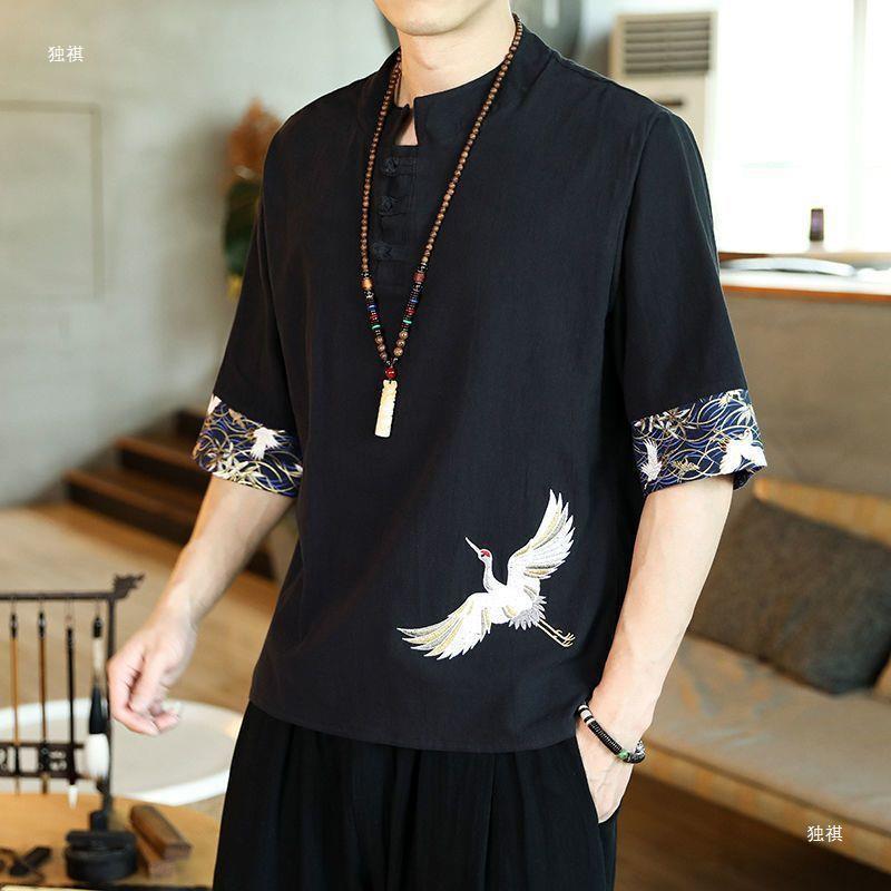 Chinese Style T-Shirt Men'S Summer Thin Crane Embroidered Cotton And Linen Short-Sleeved T-Shirt Men'S Loose Buckle Half-Sleeved Men'S Half-Sleeved T-Shirt - Image 2