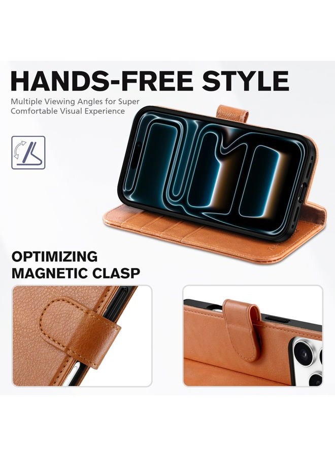 TUCCH Wallet Case for iPhone 17 Pro (6.3") 2025, 4 Card Holders | RFID Blocking | Stand | PU Leather | Magnetic Closure | Protective Flip Folio Cover | Shockproof TPU Shell | Light Brown - Image 4