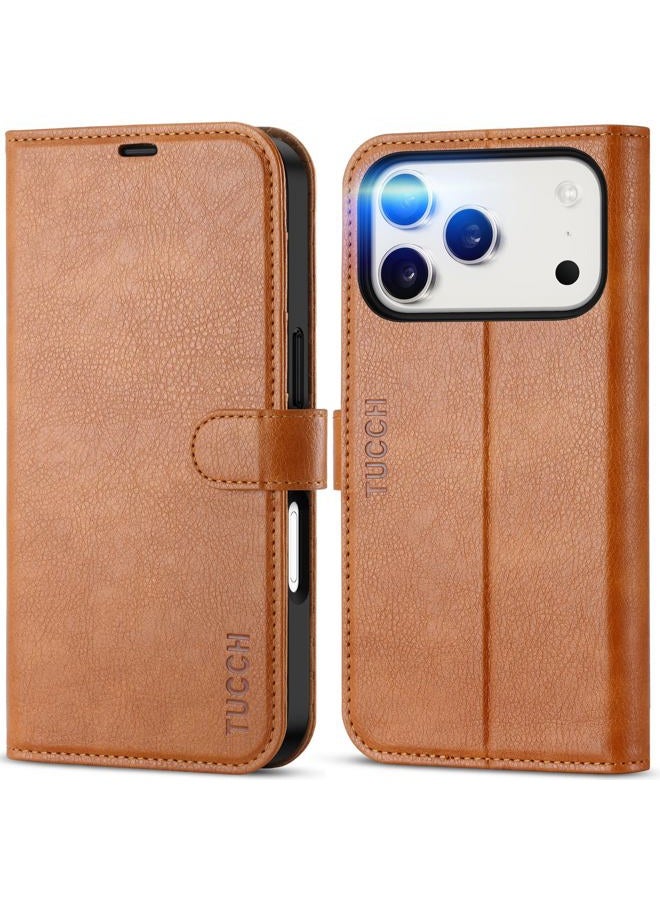 TUCCH Wallet Case for iPhone 17 Pro (6.3") 2025, 4 Card Holders | RFID Blocking | Stand | PU Leather | Magnetic Closure | Protective Flip Folio Cover | Shockproof TPU Shell | Light Brown - Image 1