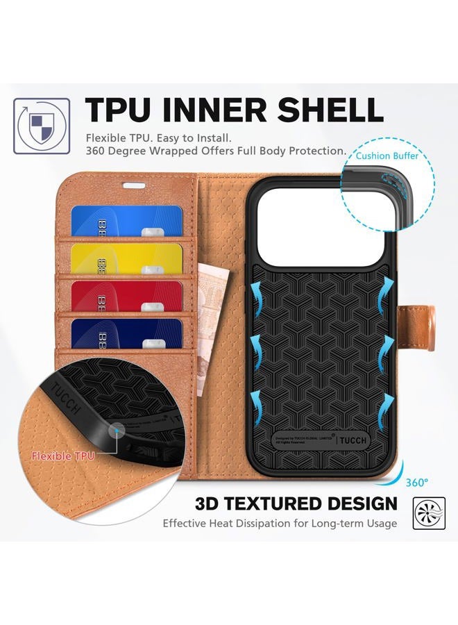 TUCCH Wallet Case for iPhone 17 Pro (6.3") 2025, 4 Card Holders | RFID Blocking | Stand | PU Leather | Magnetic Closure | Protective Flip Folio Cover | Shockproof TPU Shell | Light Brown - Image 5