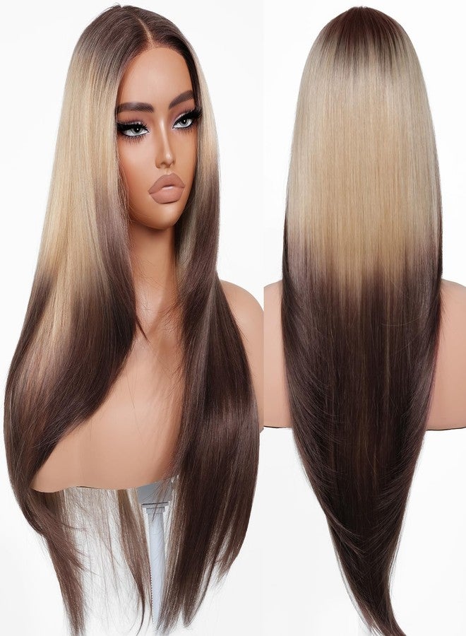 BrownBomb Ombre Blonde Brown Wear and Go Glueless Wigs Pre Plucked Pre Cut for Beginners Synthetic Lace Front Wigs With Bangs Long layered Straight Wigs With Dark Roots 26 Inch 3 Seconds to Wear - Image 1