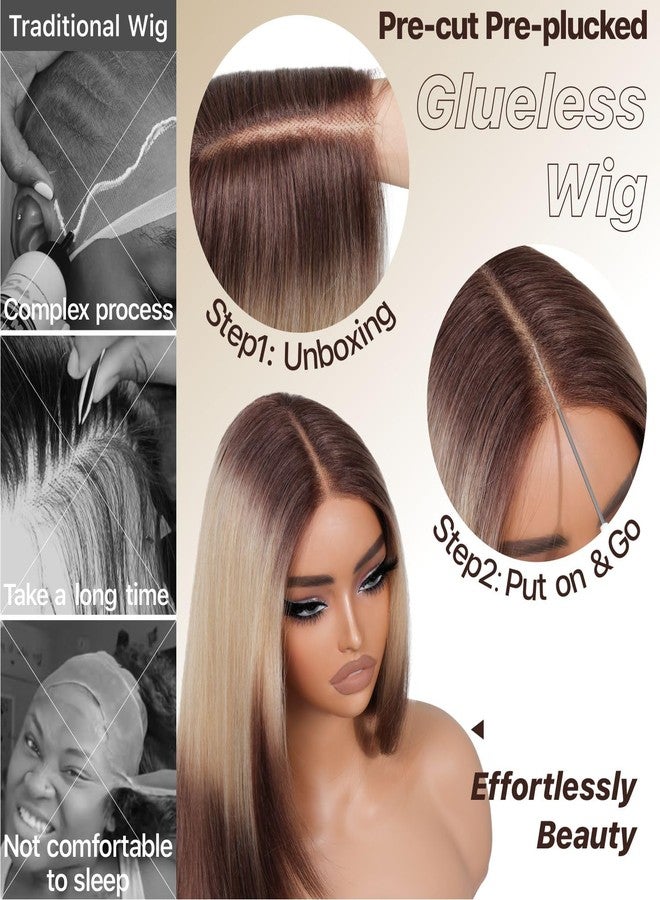 BrownBomb Ombre Blonde Brown Wear and Go Glueless Wigs Pre Plucked Pre Cut for Beginners Synthetic Lace Front Wigs With Bangs Long layered Straight Wigs With Dark Roots 26 Inch 3 Seconds to Wear - Image 4