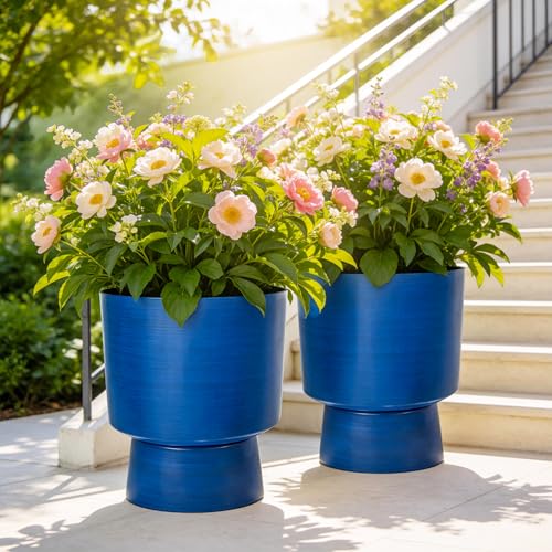 Ultym 16.8" 2-Pack Urn Planters for Outdoor Indoor Plants, Modern 2-in-1 Large Flower Pots with Detachable Base, Drainage Holes, Weather-Resistant for Garden Patio Home Office Decor, Brushed Blue - Image 1