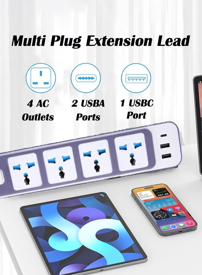 باور_لايف تمديد كهربائي واقي من زيادة التيار الكهربائي بطول 2 متر، سلك تمديد عالمي بمقبس المملكة المتحدة، شريط طاقة مزود بـ 4 منافذ تيار متردد، منفذي USB A، منفذ USB-C للمنزل وغرفة النوم والمطبخ والمكتب والمزيد - Image 2