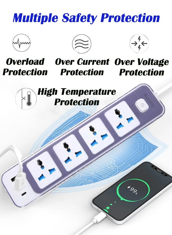 باور_لايف تمديد كهربائي واقي من زيادة التيار الكهربائي بطول 2 متر، سلك تمديد عالمي بمقبس المملكة المتحدة، شريط طاقة مزود بـ 4 منافذ تيار متردد، منفذي USB A، منفذ USB-C للمنزل وغرفة النوم والمطبخ والمكتب والمزيد - Image 5