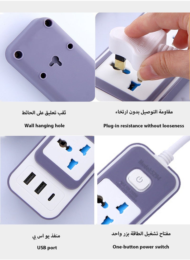 جي كي كي كابل تمديد لشرائح الطاقة 4 منافذ، محول قابس عالمي مع 3 منافذ USB، واقي من التيار الزائد، مقبس شحن مع سلك تمديد جريء بطول 2 متر  - Image 3