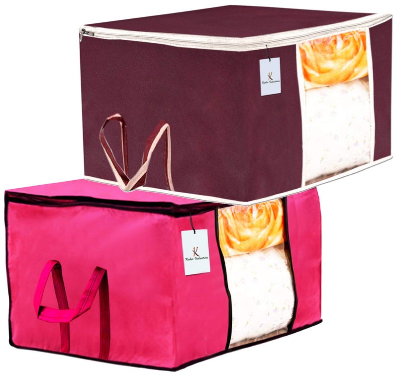 Kuber Industries 2 Piece Non Woven Underbed Storage Bag Storage Organiser Blanket Cover with Transparent Window Extra Large Maroon Pink CTKTC134532 - Image 1