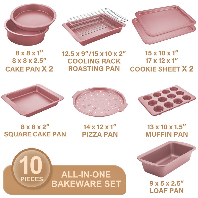 HONGBAKE Bakeware Sets, Baking Pans Set, Nonstick Oven Pan for Kitchen with Wider Grips, 10-Piece Including Rack, Cookie Sheet, Cake Pans, Loaf Pan, Muffin Pan, Pizza Pan - Pink - Image 3