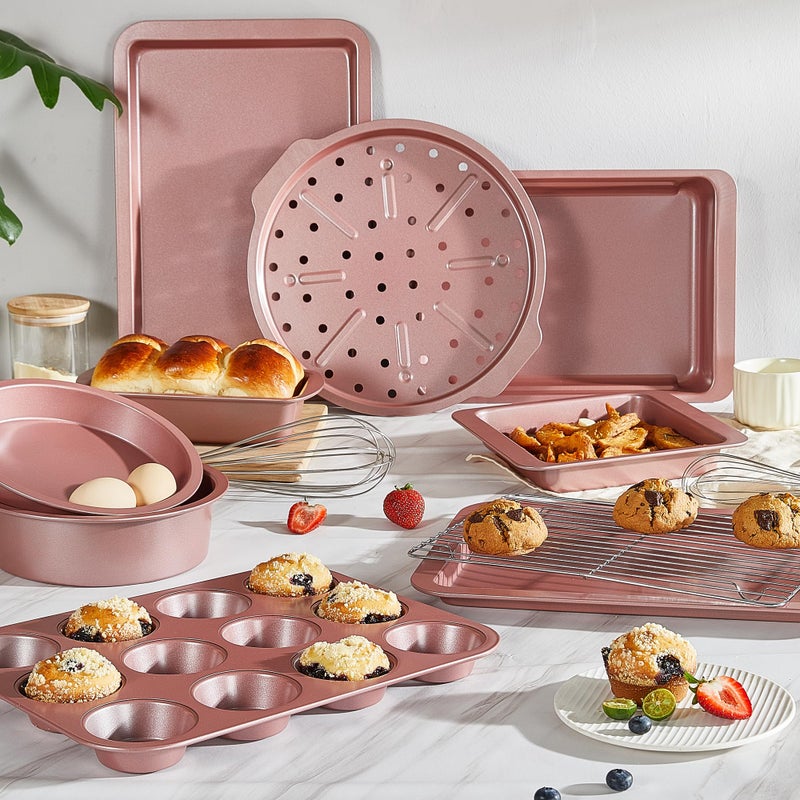 HONGBAKE Bakeware Sets, Baking Pans Set, Nonstick Oven Pan for Kitchen with Wider Grips, 10-Piece Including Rack, Cookie Sheet, Cake Pans, Loaf Pan, Muffin Pan, Pizza Pan - Pink - Image 2