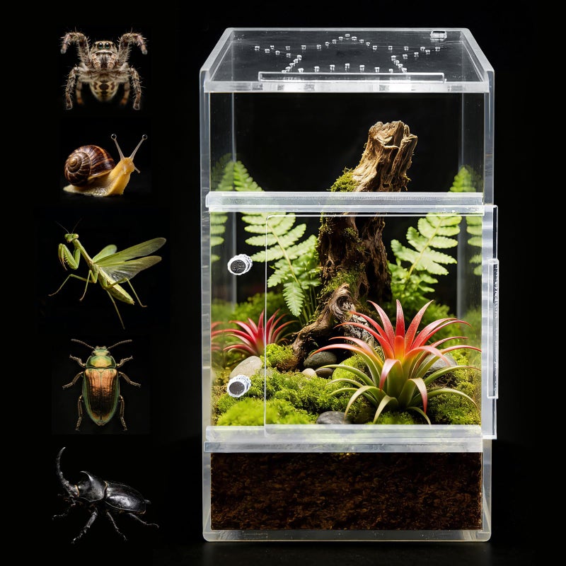 Adoture Jumping Spider Enclosure, Small Acrylic Spider Terrarium, Tarantula Spider Box, Magnetic Front & Top Opening, Bug Habitat for Jumping Spiders, Tarantulas, Praying Mantis, Snails - Image 1