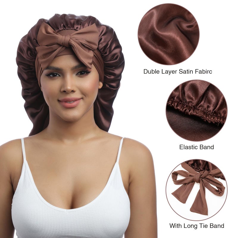 AWAYTR Long Satin Bonnet for Women - Double Layer Elastic Silk Bonnet for Braids Hair Sleeping Cap with Tie Band (Brown) - Image 3