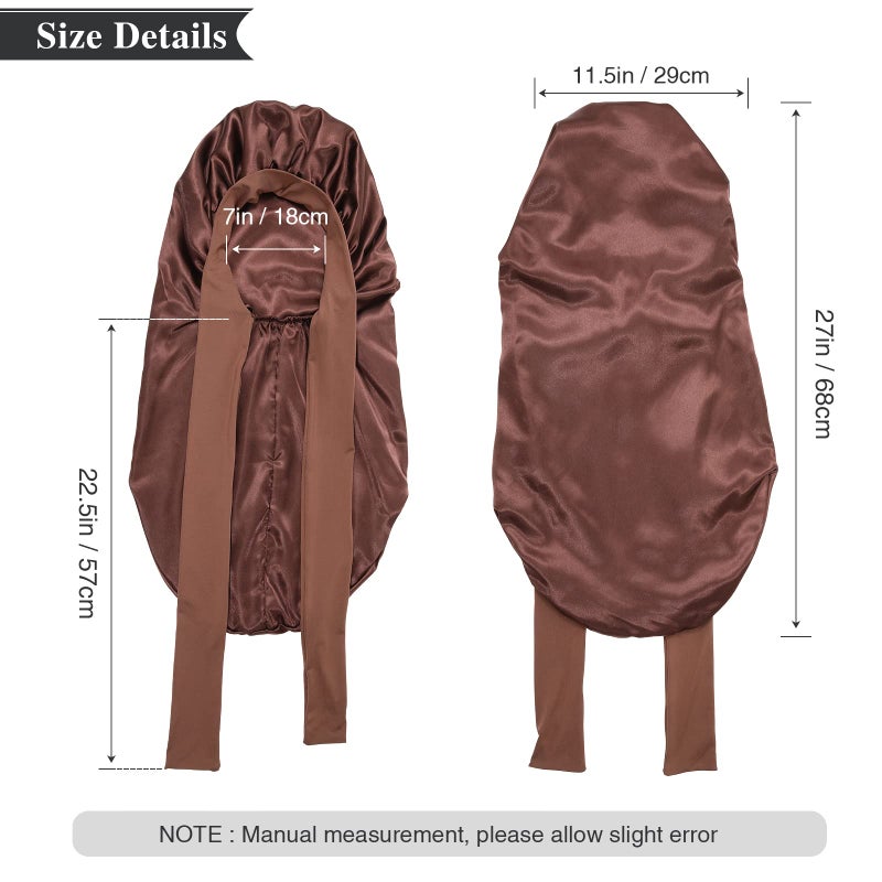 AWAYTR Long Satin Bonnet for Women - Double Layer Elastic Silk Bonnet for Braids Hair Sleeping Cap with Tie Band (Brown) - Image 2