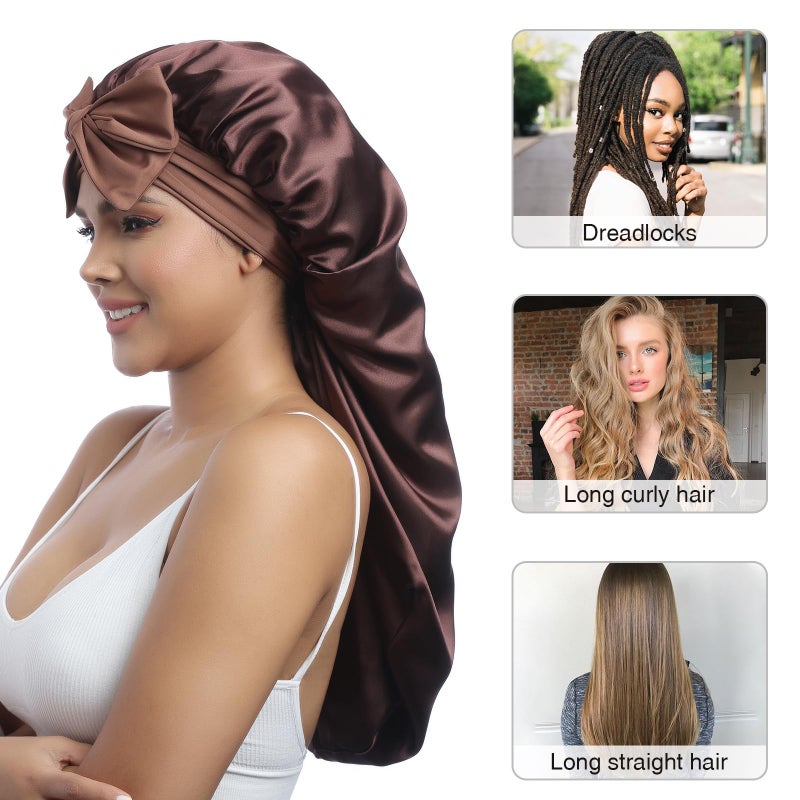 AWAYTR Long Satin Bonnet for Women - Double Layer Elastic Silk Bonnet for Braids Hair Sleeping Cap with Tie Band (Brown) - Image 4
