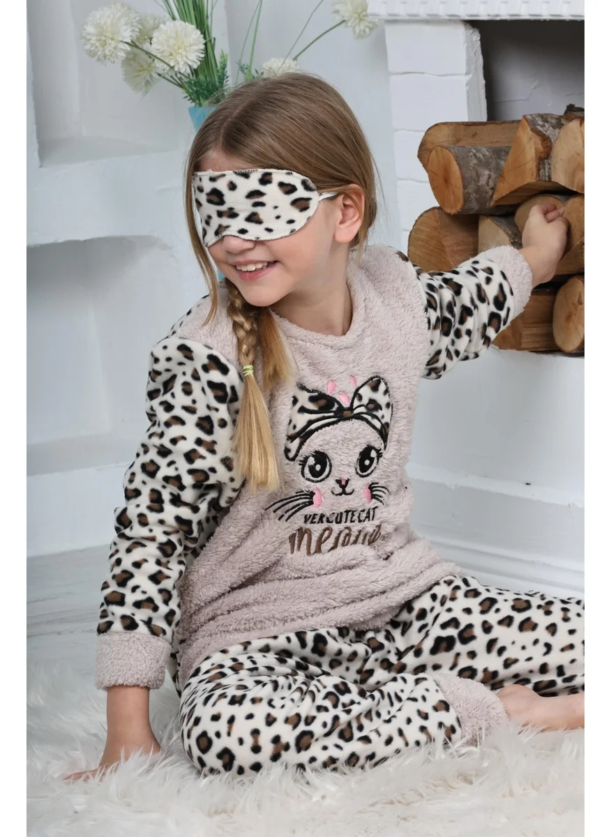 Mutlu City New Season Autumn/Winter Girls Leopard Patterned Polar Fleece Pajama Set 4103-CREAM Color