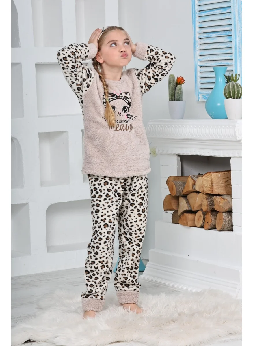 Mutlu City New Season Autumn/Winter Girls Leopard Patterned Polar Fleece Pajama Set 4103-CREAM Color