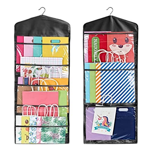 ProPik Hanging Double Sided Gift Bag Storage Organizer with Multiple Front and Back Pockets  Organize Your Gift Wrap Tissue Paper and Paper Bags 38 x 16 Inch PVC Full Black