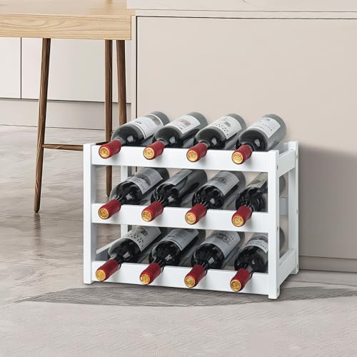VASMIA Bamboo Wine Rack, Sturdy and Durable Wine Storage Cabinet Shelf, Wine Racks Countertop for Pantry,Kitchen,3-Tier 12 Bottles Wine Rack White - Image 3
