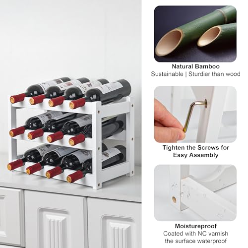 VASMIA Bamboo Wine Rack, Sturdy and Durable Wine Storage Cabinet Shelf, Wine Racks Countertop for Pantry,Kitchen,3-Tier 12 Bottles Wine Rack White - Image 4