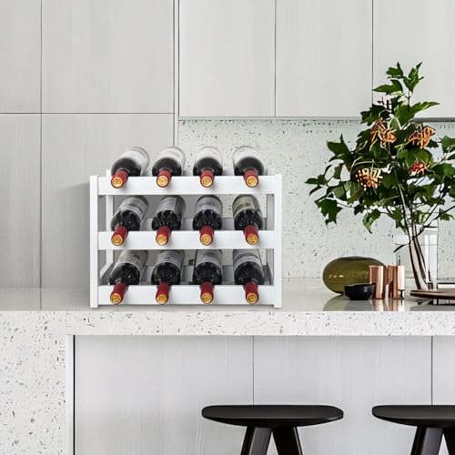 VASMIA Bamboo Wine Rack, Sturdy and Durable Wine Storage Cabinet Shelf, Wine Racks Countertop for Pantry,Kitchen,3-Tier 12 Bottles Wine Rack White - Image 2