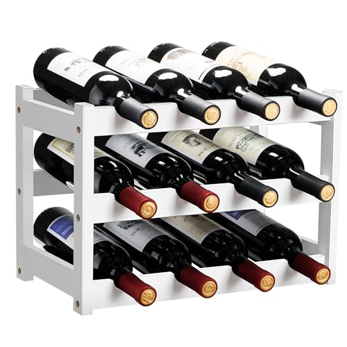 VASMIA Bamboo Wine Rack, Sturdy and Durable Wine Storage Cabinet Shelf, Wine Racks Countertop for Pantry,Kitchen,3-Tier 12 Bottles Wine Rack White - Image 1