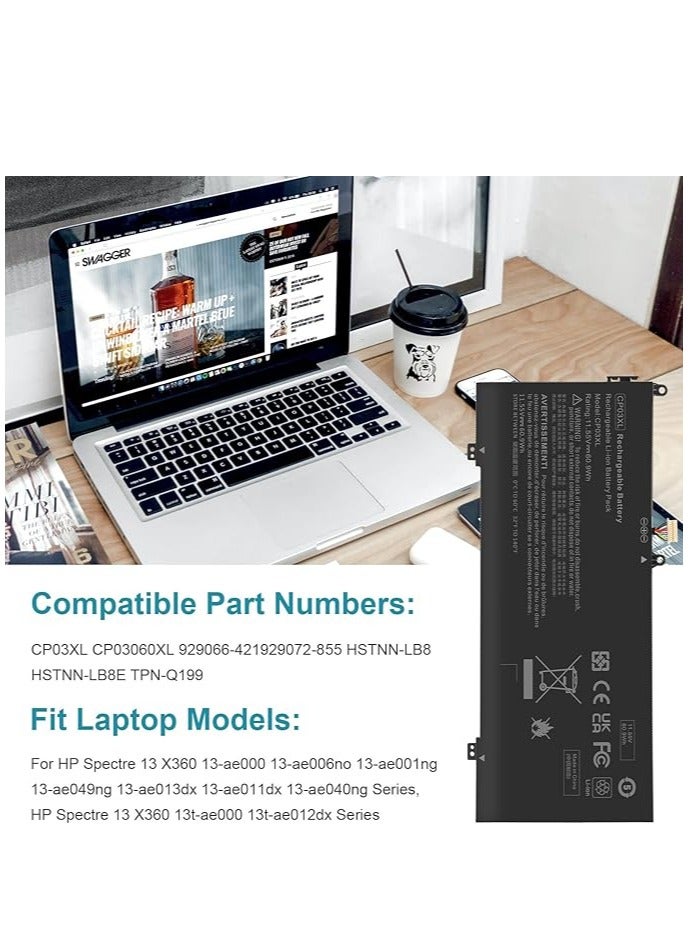 Terabyte بطارية لابتوب بديلة 60.9Wh CP03XL لجهاز HP Spectre 13 X360 13-ae000 13-ae049ng 13-ae040ng 13-ae006no 13-ae001ng 13t-ae000 13t-ae012dx CP03 060XL 9 929066-421 929072-855 HSTNN-LB8 HSTNN-LB8E TPN-Q199 - Image 2