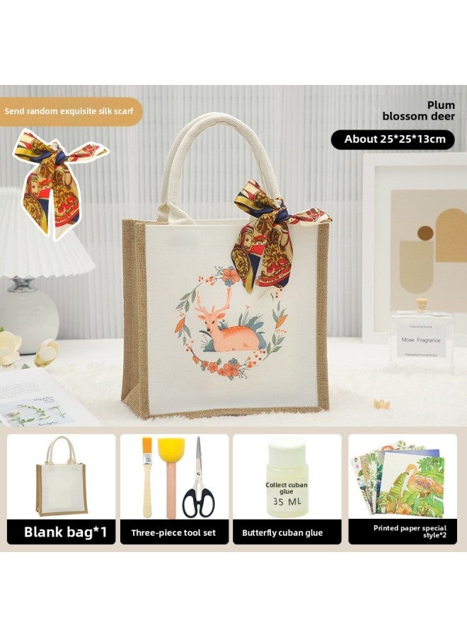 Thanksgiving Diy Handmade Butterfly Ancient Bart Canvas Tote Bag Sack Paste Group Building Parent-child Material Bag Warm-up Field-Color:LB-N11 Sika Deer Material Including Scissors Glue_vertical  - Image 1