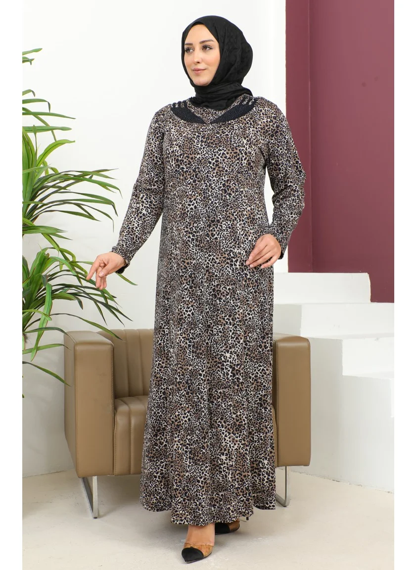 Sefa Merve Plus Size Stone Printed Patterned Dress 4827B-01 Black