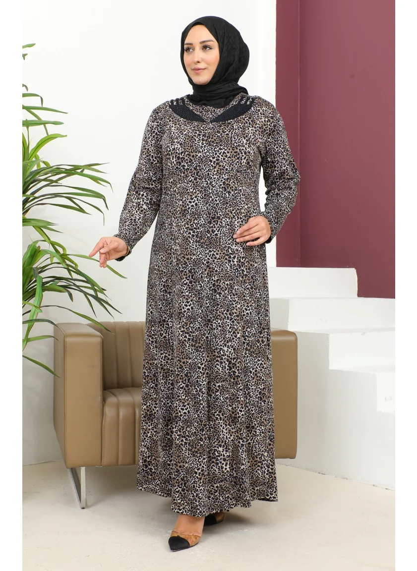 Sefa Merve Plus Size Stone Printed Patterned Dress 4827B-01 Black