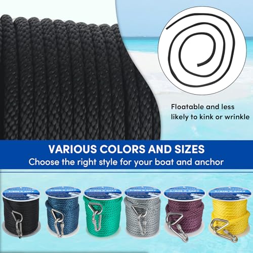 BALAVA Anchor Rope 3/8in x 50FT,Premium Solid MFP Braided Anchor Ropes Anchor Line,Boat Anchor Rope with Stainless Steel Thimble & Snap Hook,Marine Rope for Anchors and Boats (Black) - Image 5