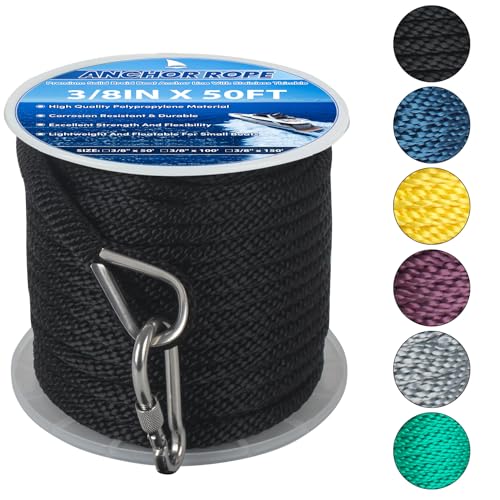 BALAVA Anchor Rope 3/8in x 50FT,Premium Solid MFP Braided Anchor Ropes Anchor Line,Boat Anchor Rope with Stainless Steel Thimble & Snap Hook,Marine Rope for Anchors and Boats (Black) - Image 1