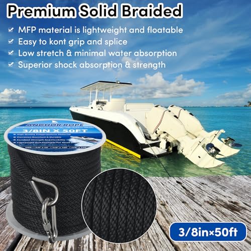 BALAVA Anchor Rope 3/8in x 50FT,Premium Solid MFP Braided Anchor Ropes Anchor Line,Boat Anchor Rope with Stainless Steel Thimble & Snap Hook,Marine Rope for Anchors and Boats (Black) - Image 3