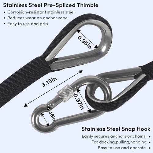 BALAVA Anchor Rope 3/8in x 50FT,Premium Solid MFP Braided Anchor Ropes Anchor Line,Boat Anchor Rope with Stainless Steel Thimble & Snap Hook,Marine Rope for Anchors and Boats (Black) - Image 4