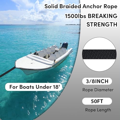 BALAVA Anchor Rope 3/8in x 50FT,Premium Solid MFP Braided Anchor Ropes Anchor Line,Boat Anchor Rope with Stainless Steel Thimble & Snap Hook,Marine Rope for Anchors and Boats (Black) - Image 2